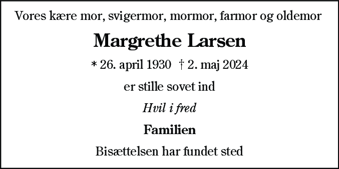 Dødsannonce for Margrethe Larsen