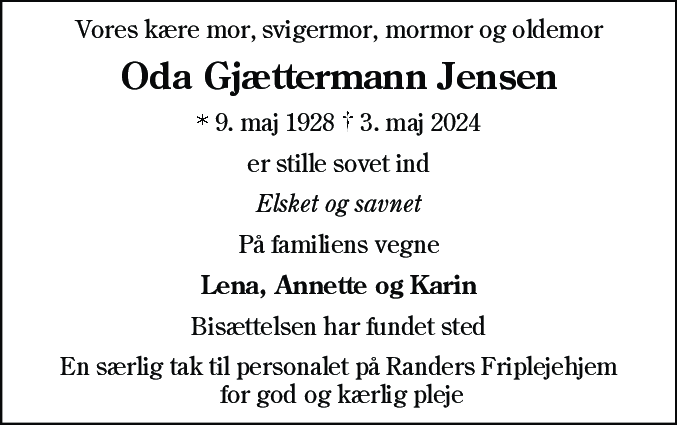 Dødsannonce for Oda Gjættermann Jensen