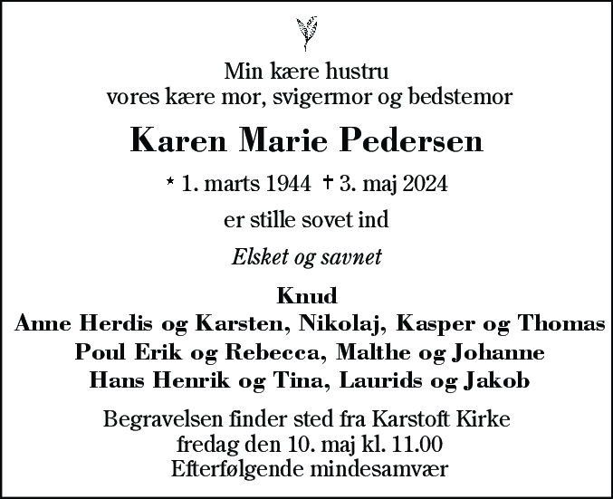 Dødsannonce for Karen M Pedersen