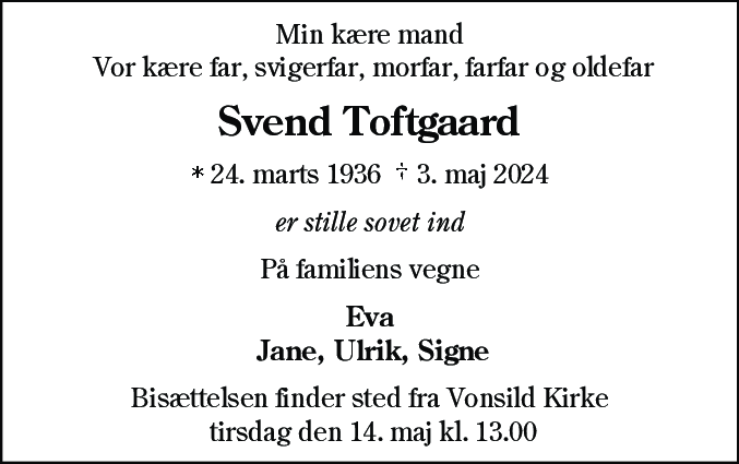 Dødsannonce for Svend Toftgaard