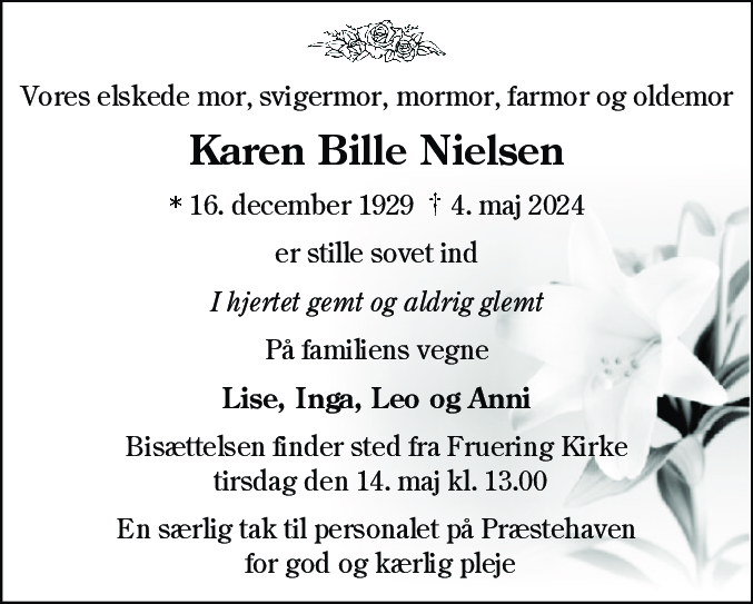 Dødsannonce for Karen Bille Nielsen