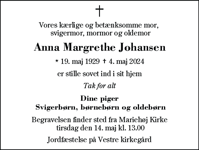 Dødsannonce for Anna Margrethe Johansen