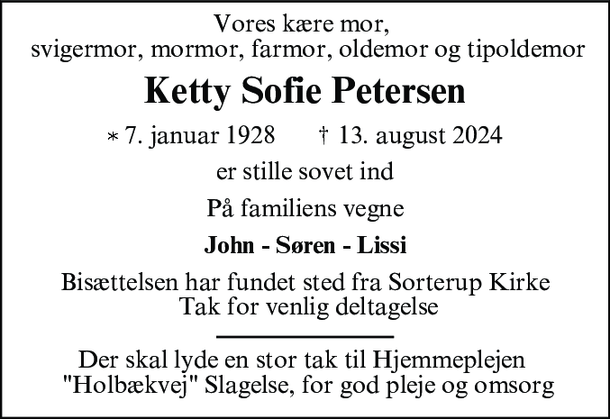 Dødsannonce for Ketty Sofie Petersen