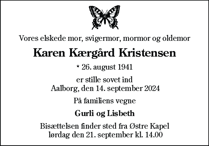 Dødsannonce for Karen Kærgård Kristensen