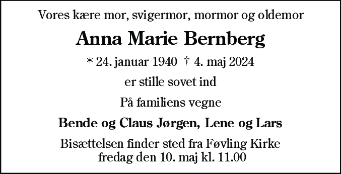 Dødsannonce for Anna Marie Bernberg