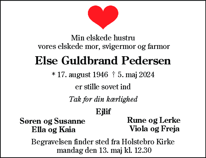 Dødsannonce for Else Guldbrand Pedersen
