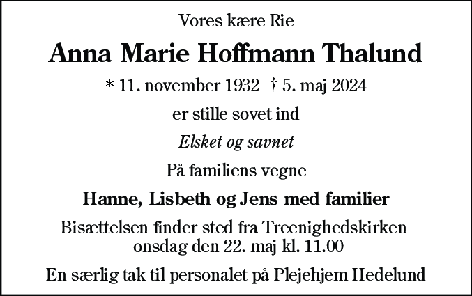Dødsannonce for Anna Marie Hoffmann Thalund