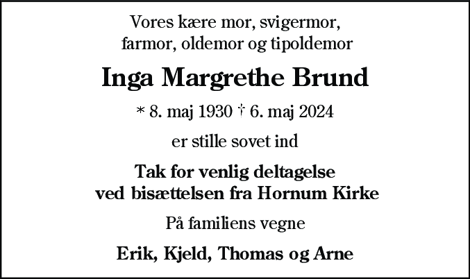 Dødsannonce for Inga Margrethe Brund