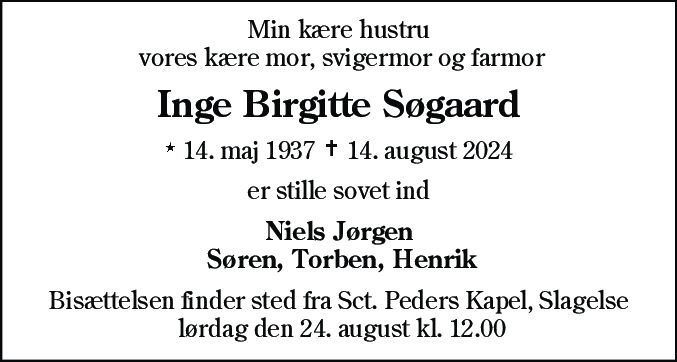 Dødsannonce for Inge Birgitte Søgaard