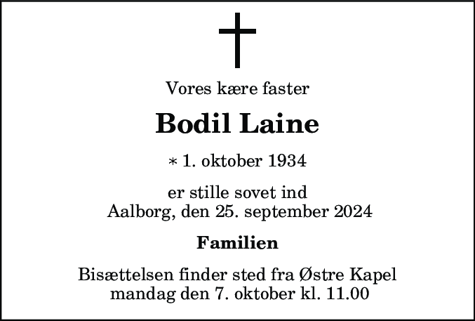 Dødsannonce for Bodil Laine