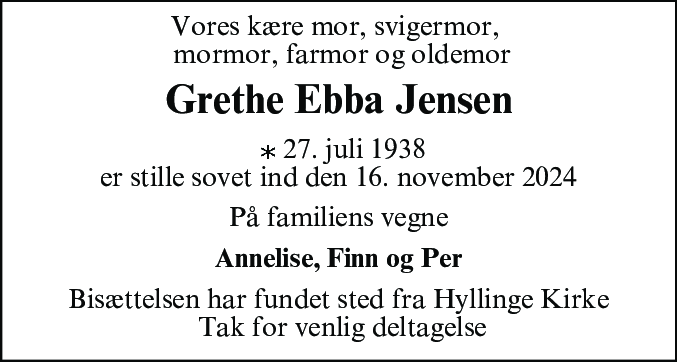 Dødsannonce for Grethe Ebba Jensen