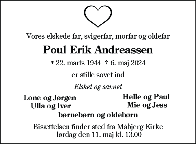 Dødsannonce for Poul Erik Andreassen