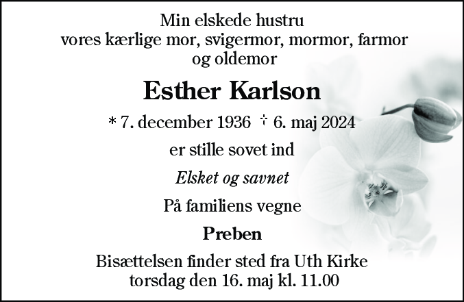 Dødsannonce for Esther Karlson