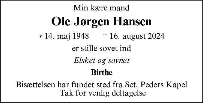 Dødsannonce for Ole Jørgen Hansen