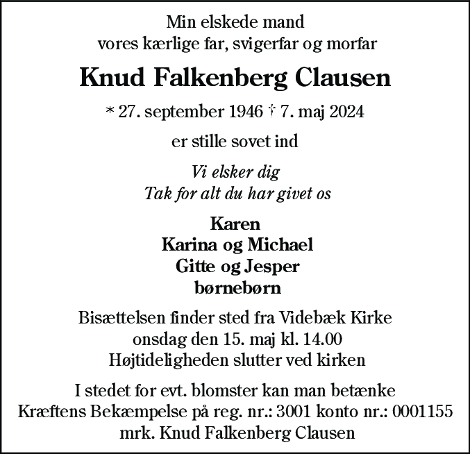 Dødsannonce for Knud Falkenberg Clausen