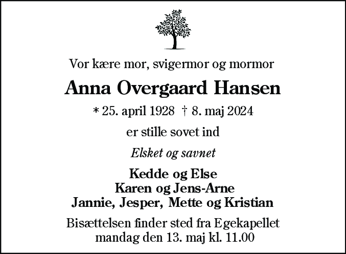 Dødsannonce for Anna Overgaard Hansen