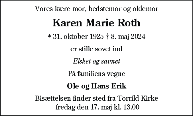 Dødsannonce for Karen Marie Roth