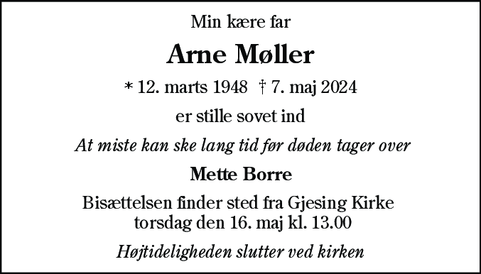 Dødsannonce for Arne Møller