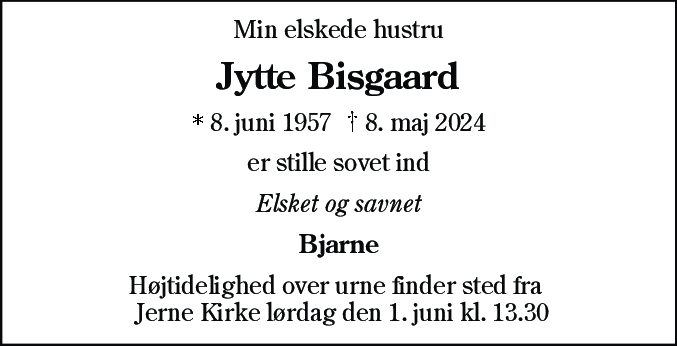 Dødsannonce for Jytte Bisgaard