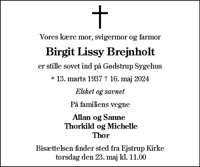 Dødsannonce for Birgit Lissy Brejnholt