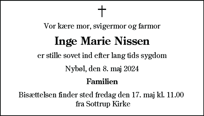 Dødsannonce for Inge Marie Nissen
