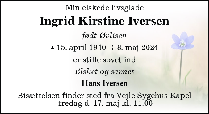 Dødsannonce for Ingrid Kirstine Iversen
