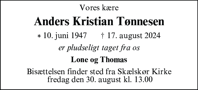 Dødsannonce for Anders Kristian Tønnesen
