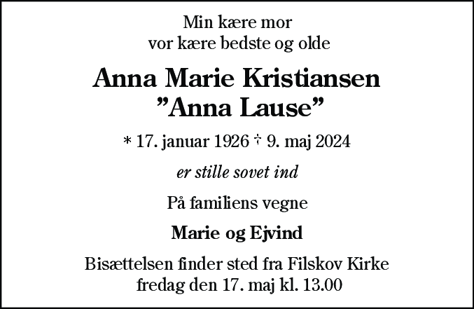 Dødsannonce for Anna Marie Kristiansen