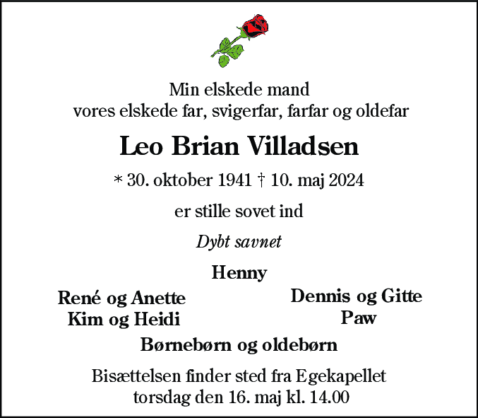 Dødsannonce for Leo Brian Villadsen