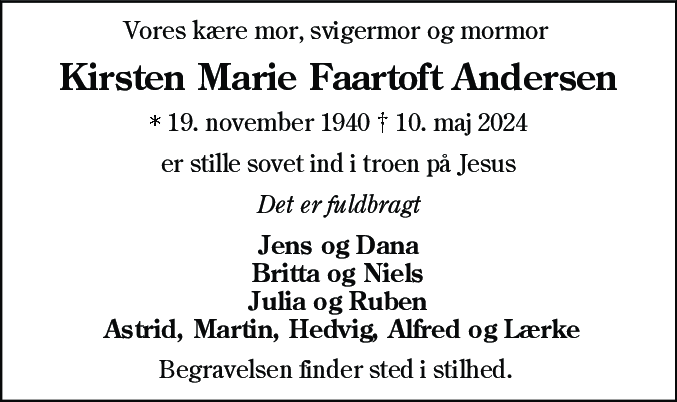 Dødsannonce for Kirsten Marie Faartoft Andersen