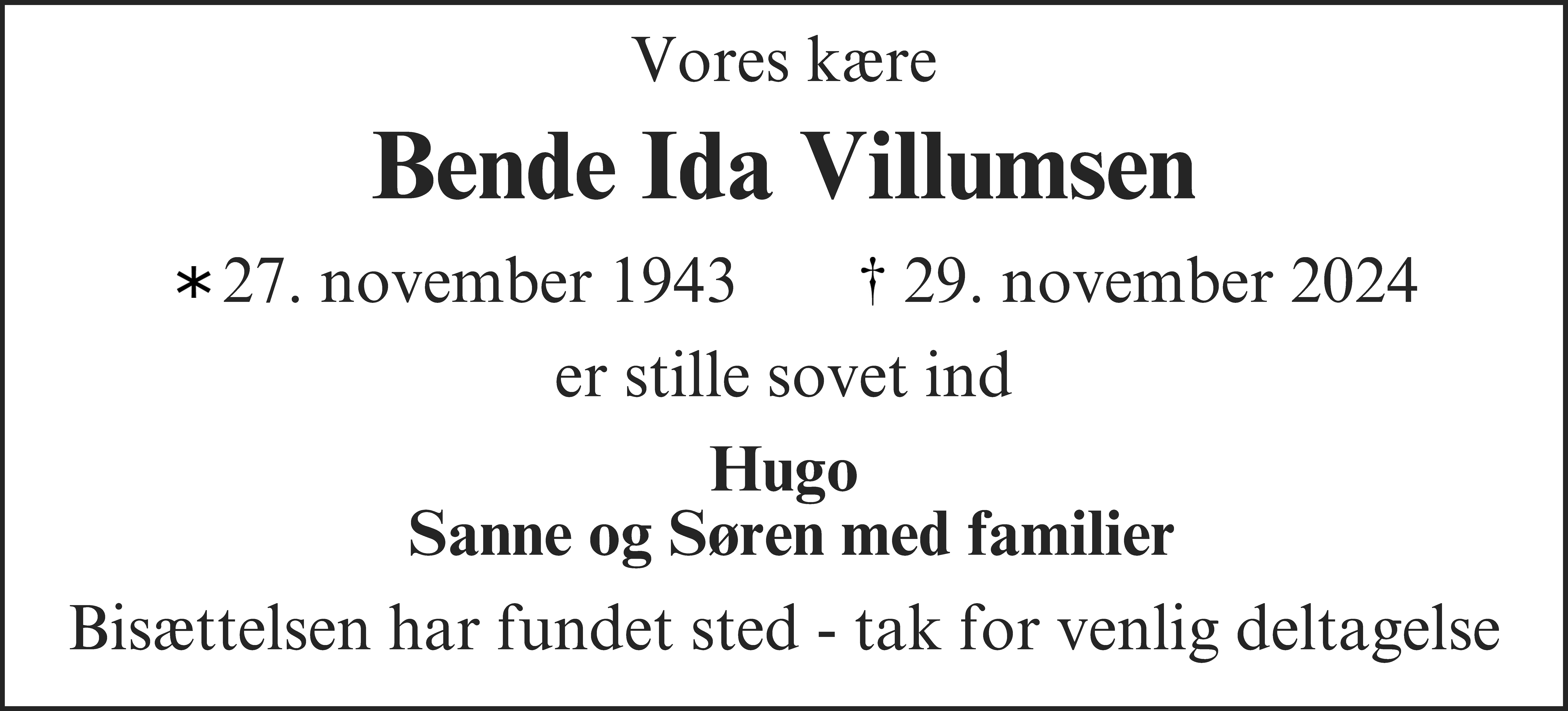 Dødsannonce for Bende Ida Villumsen