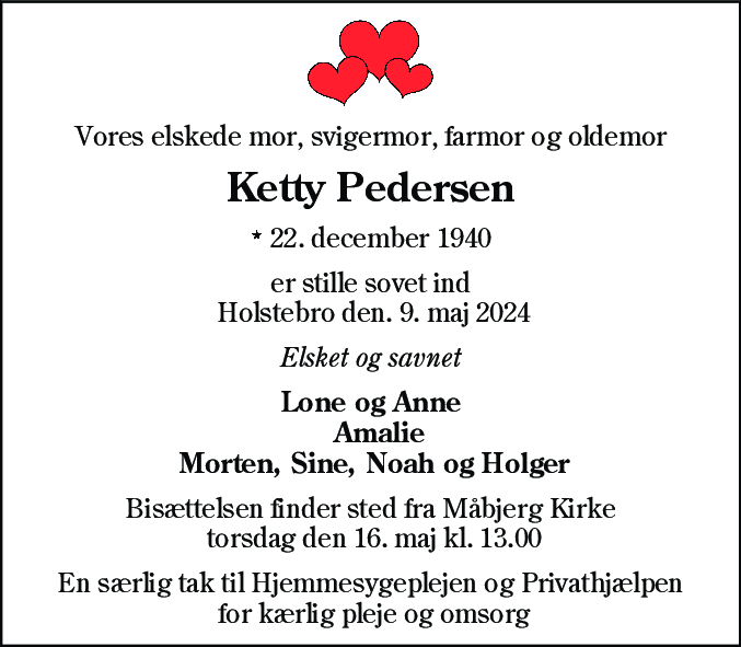 Dødsannonce for Ketty Pedersen