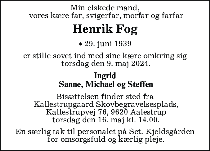 Dødsannonce for Henrik Fog