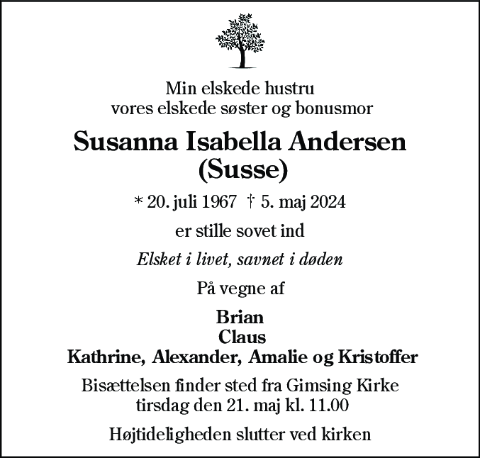 Dødsannonce for Susanna Isabella Andersen