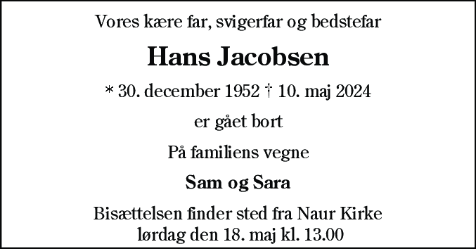 Dødsannonce for Hans Jacobsen