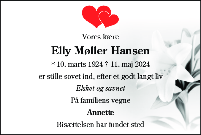 Dødsannonce for Elly Møller Hansen