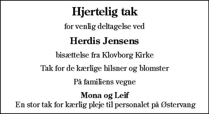 Dødsannonce for Herdis Jensen