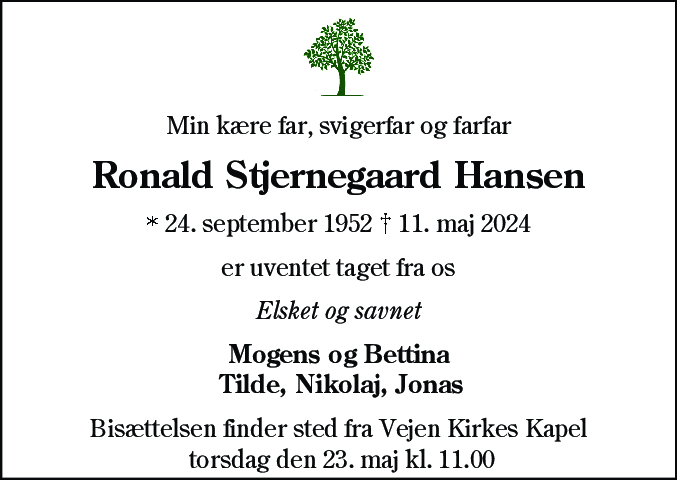 Dødsannonce for Ronald Stjernegaard Hansen