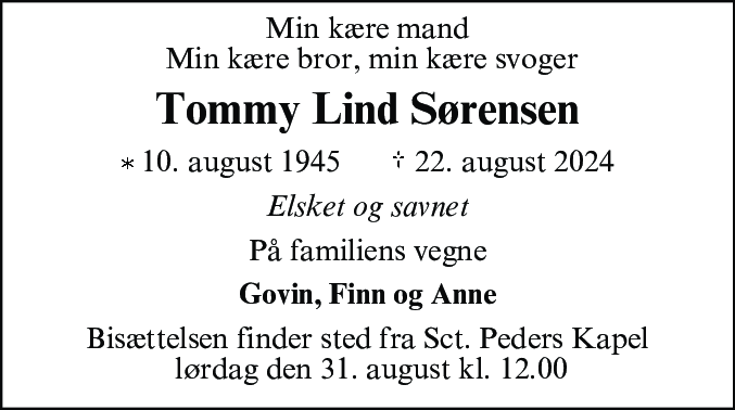Dødsannonce for Tommy Lind Sørensen