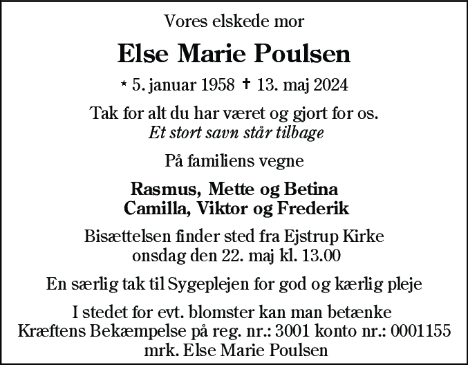 Dødsannonce for Else Marie Poulsen