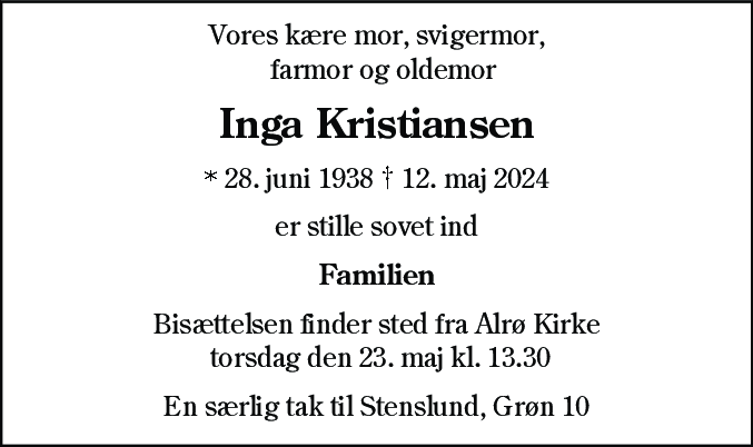 Dødsannonce for Inga Kristiansen