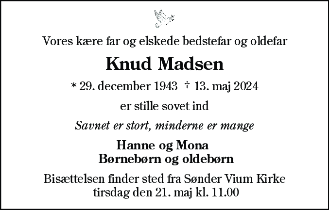 Dødsannonce for Knud Madsen