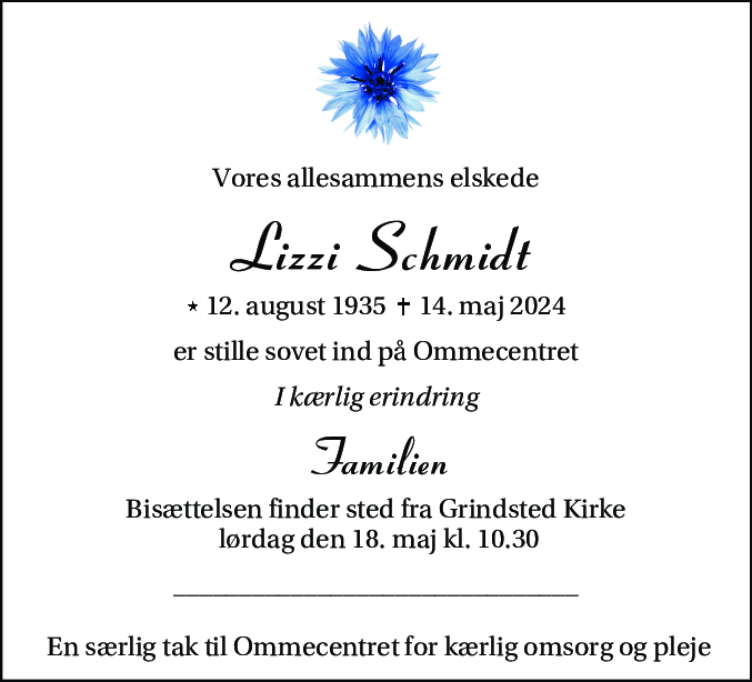 Dødsannonce for Lizzie Schmidt
