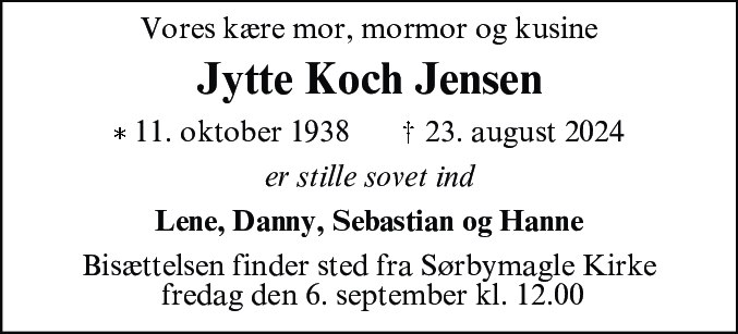 Dødsannonce for Jytte Koch Jensen