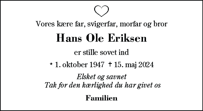 Dødsannonce for Hans Ole Eriksen
