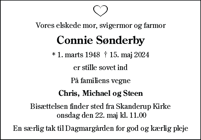 Dødsannonce for Connie Sønderby