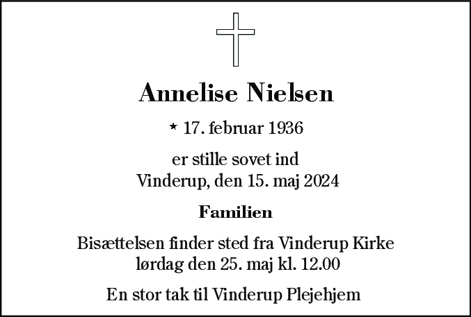 Dødsannonce for Annelise Nielsen