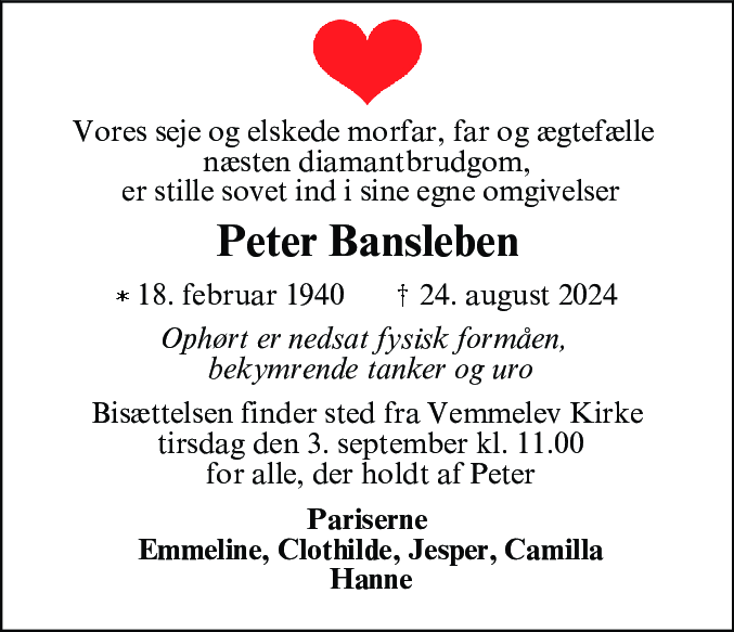Dødsannonce for Peter Bansleben