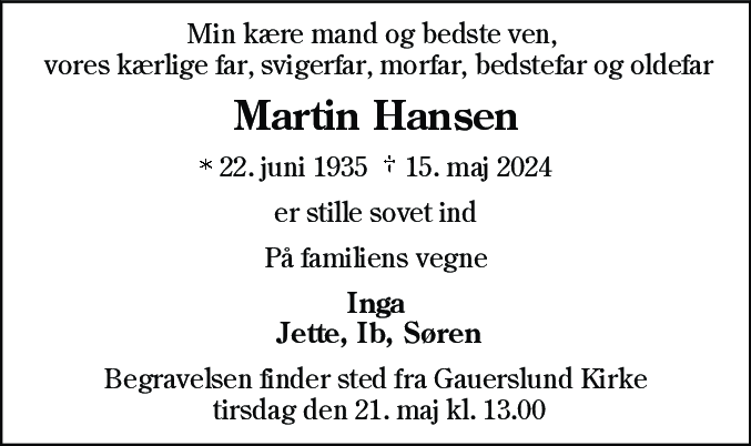 Dødsannonce for Martin Hansen