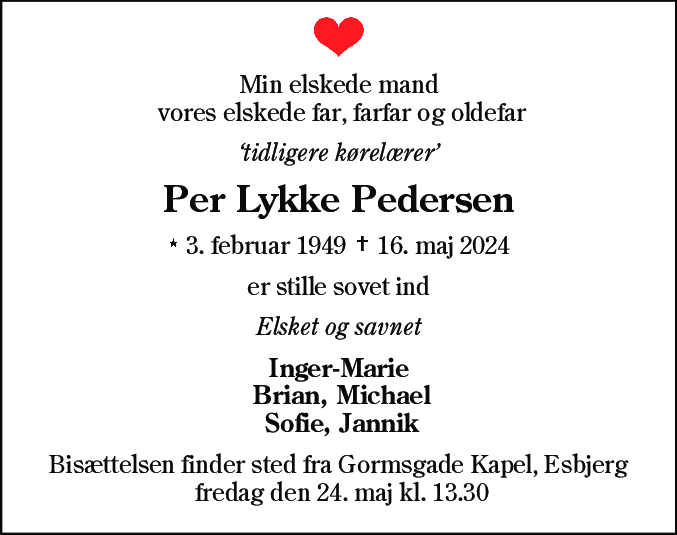 Dødsannonce for Per Lykke Pedersen
